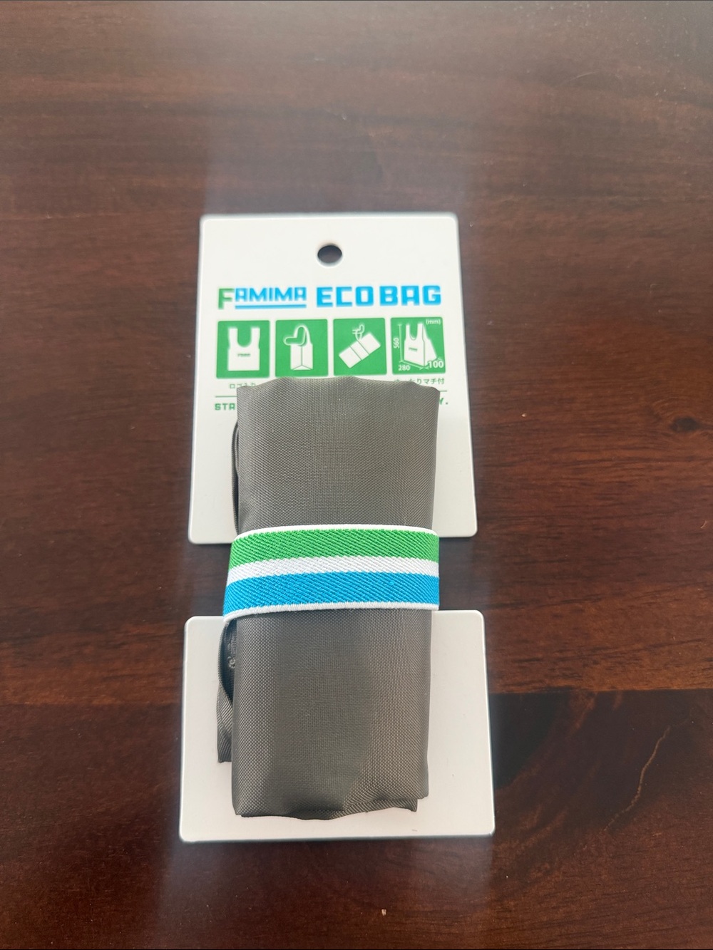 Family Mart Eco Bag Foldable Reusable Tote - Gray with Blue & Green Stripe